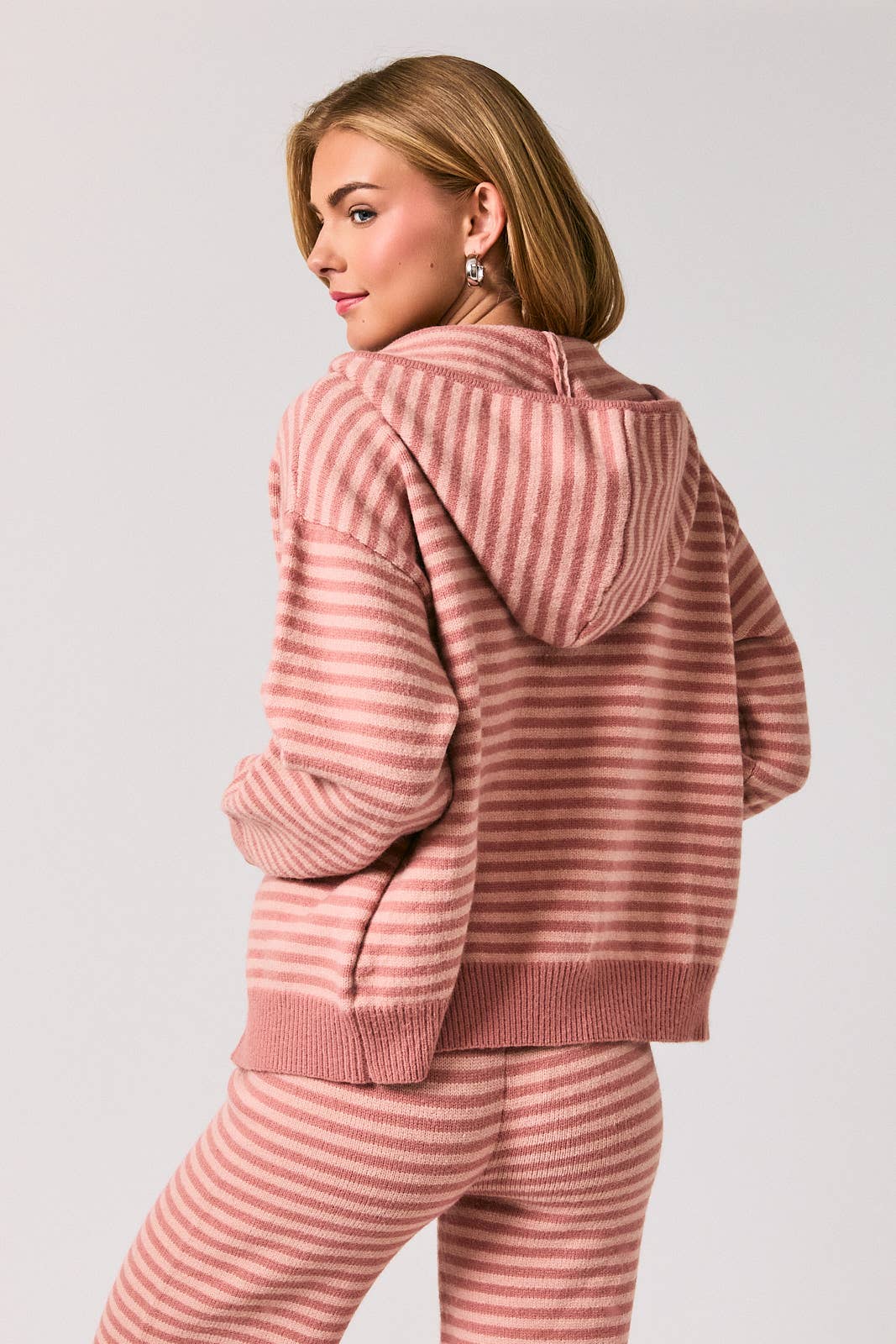 Striped Zip Up Knit Sweater Hoodie