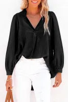 Split V-Neck Balloon Sleeve Ruched Denim Top