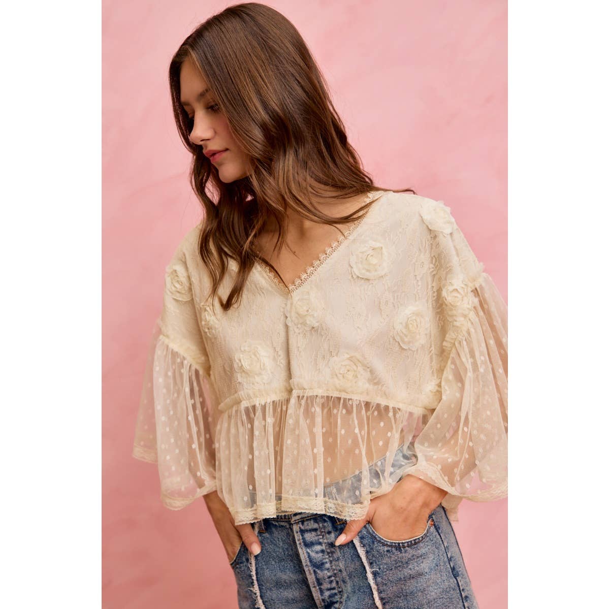 FLORAL APPLIQUE LACE FLOWY V NECK BLOUSE TOP