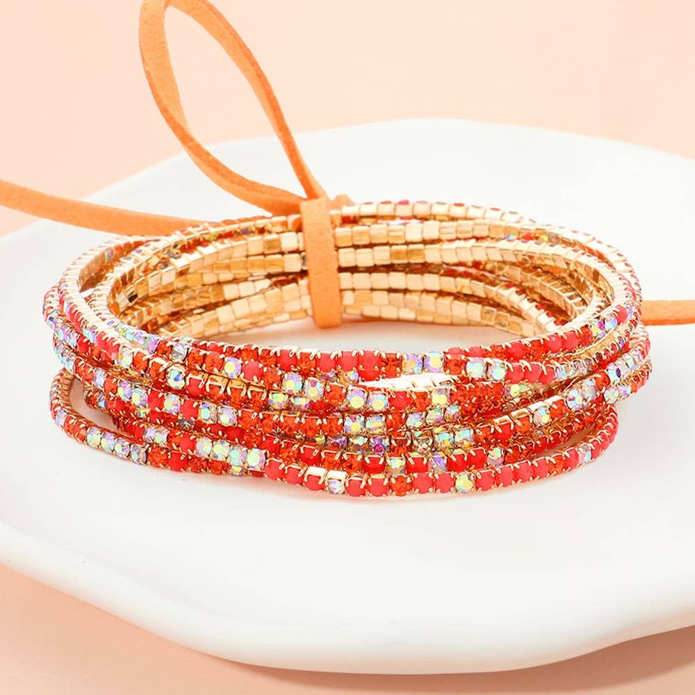 12PCS - Ribbon Pearl Rhinestone Layered Stretch Bracelets