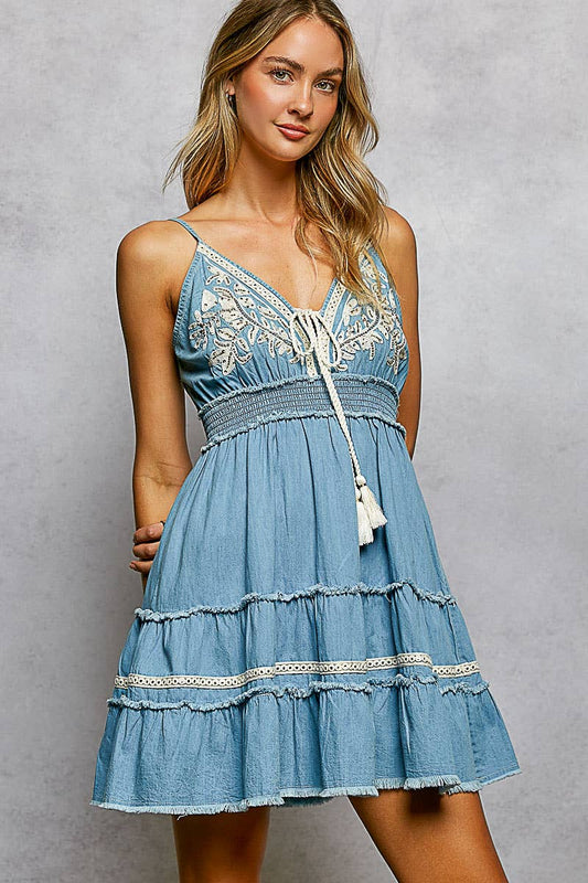 Vintage Denim Embroidered Smocked Ruffle Boho Dress