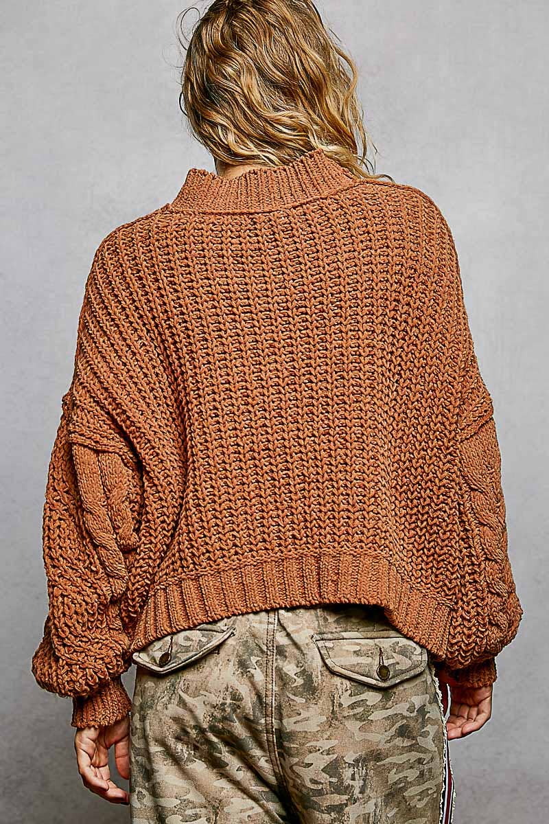 Mock Neck Balloon Sleeve Cable Knit Pullover Sweater