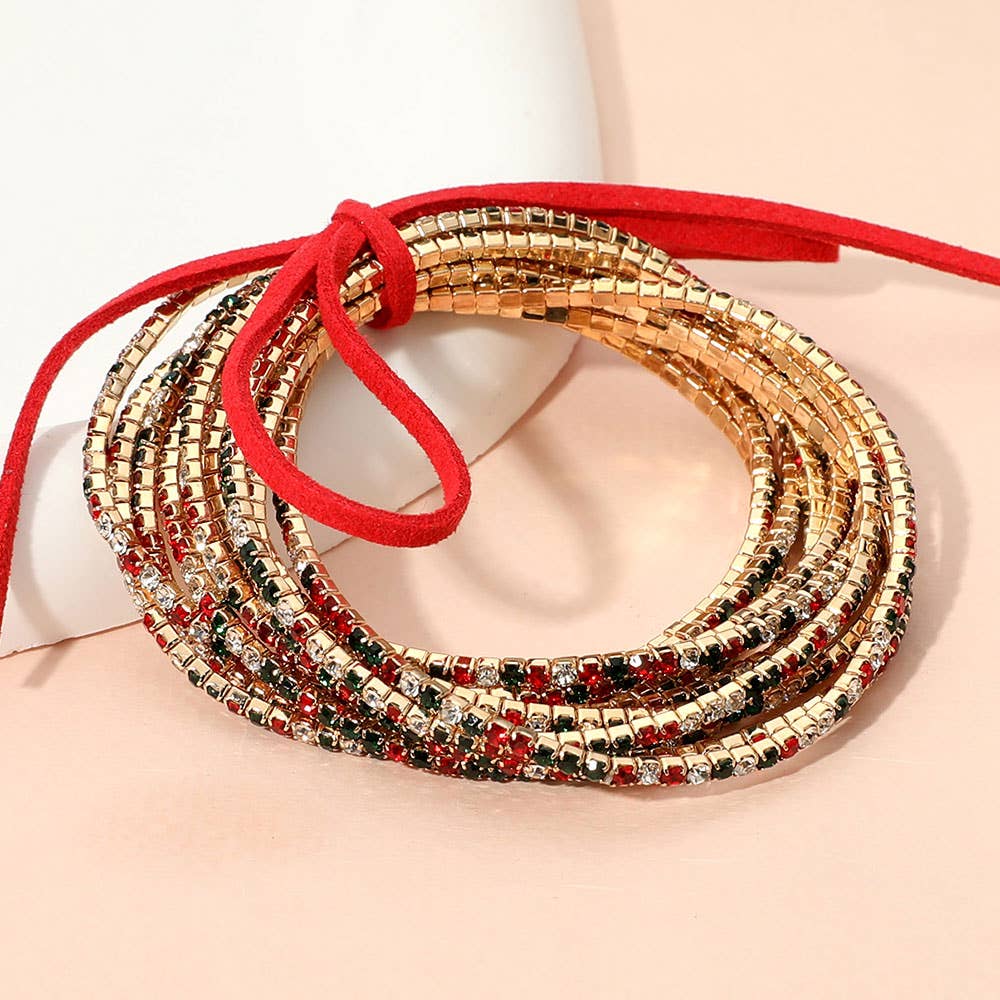 12PCS - Ribbon Pearl Rhinestone Layered Stretch Bracelets