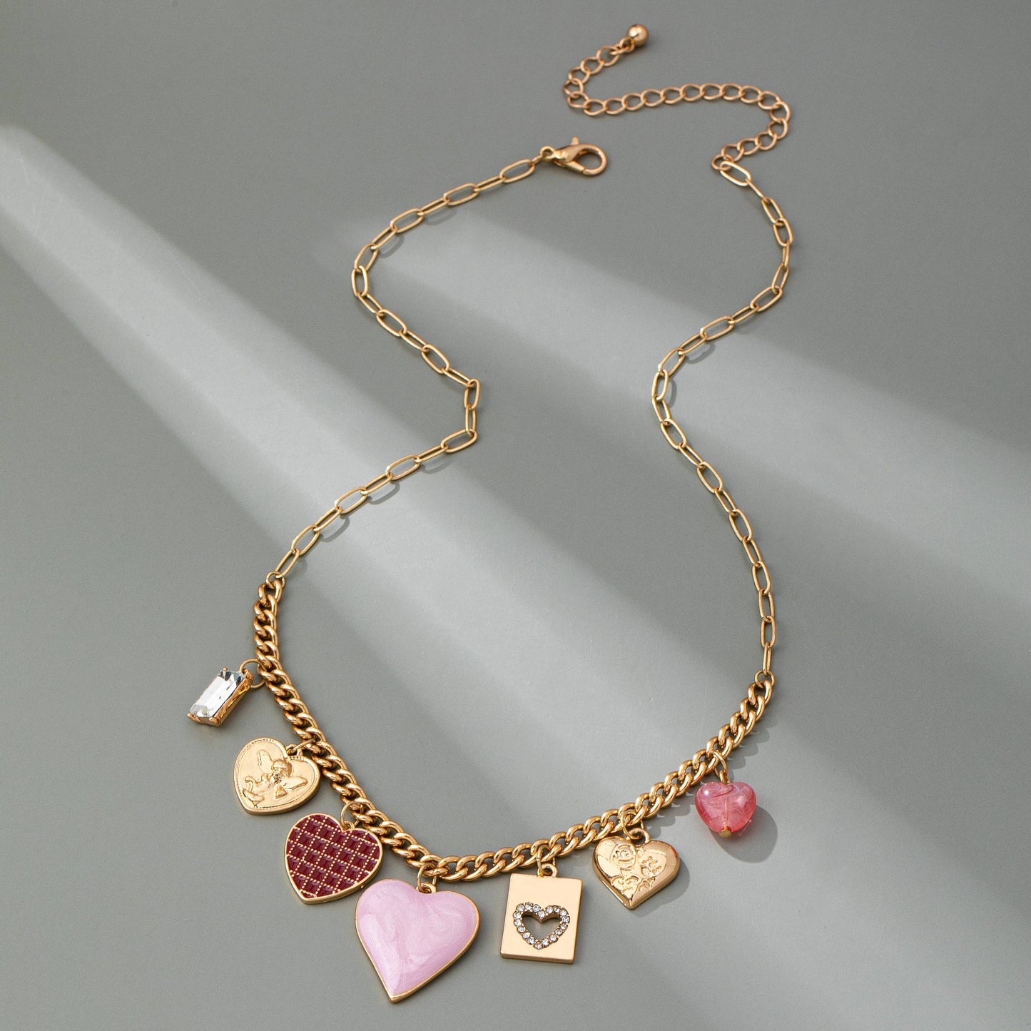 CHARM NECKLACE-HEARTS CHECKER RHINESTONE
