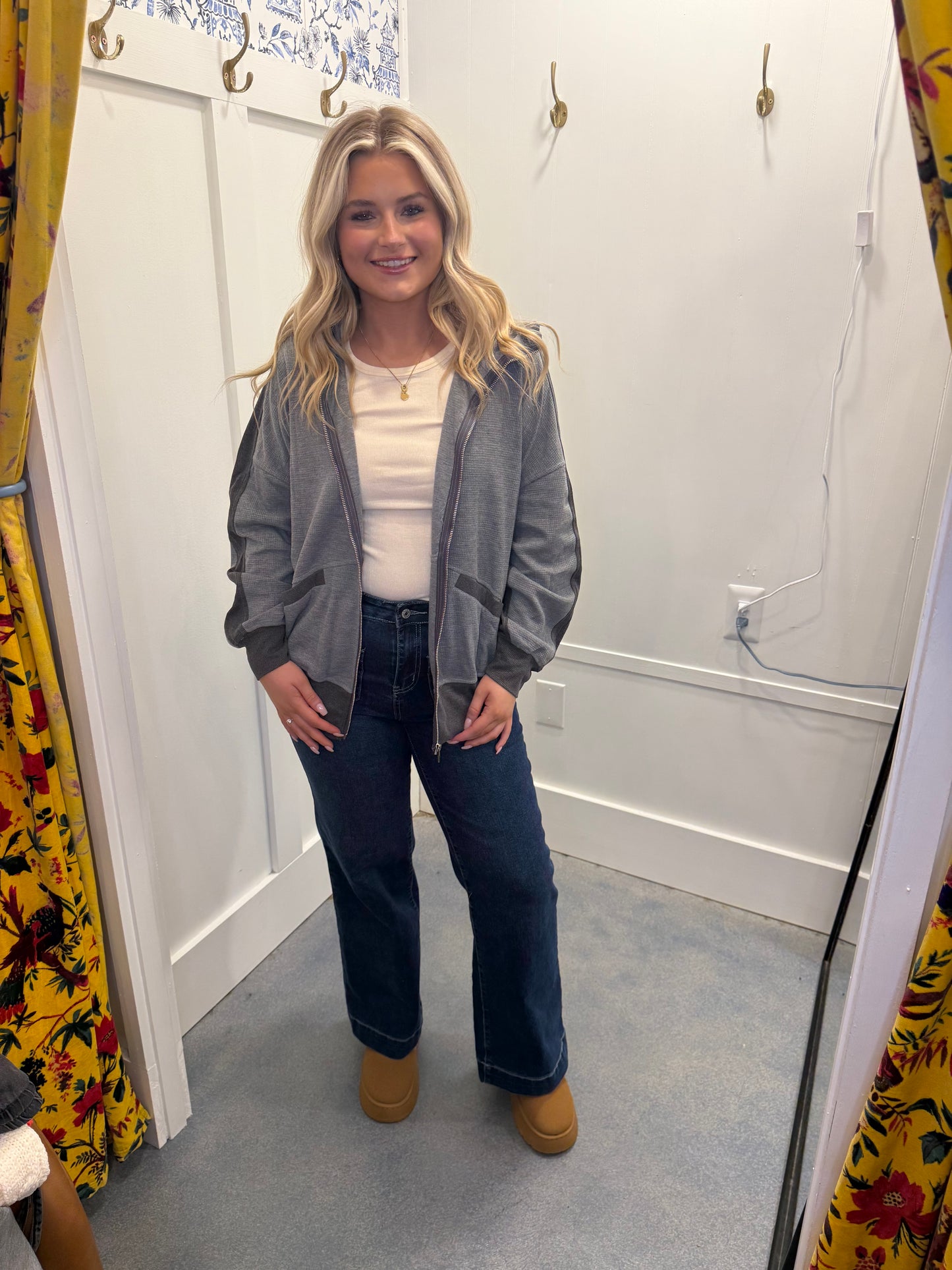 Thermal Waffle Knit Full Zipper Hooded Jacket