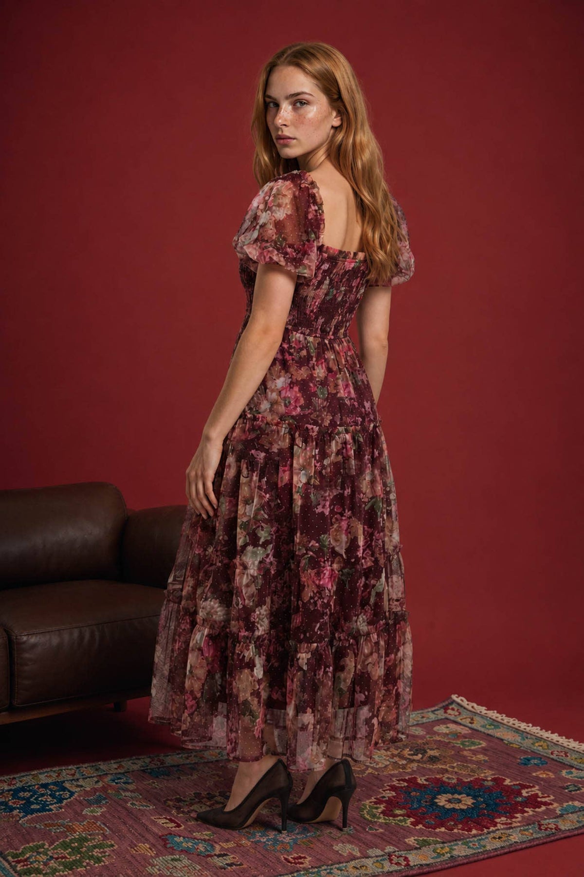 FLORAL POLKA DOT TULLE PUFF SLEEVE MIDI DRESS