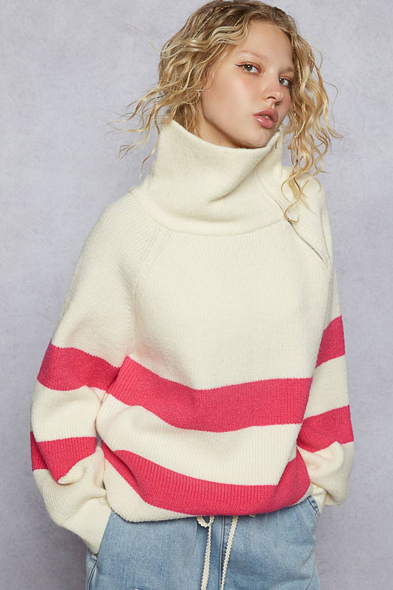 Long Sleeve Mock Neck Contrast Stripe Sweater Top