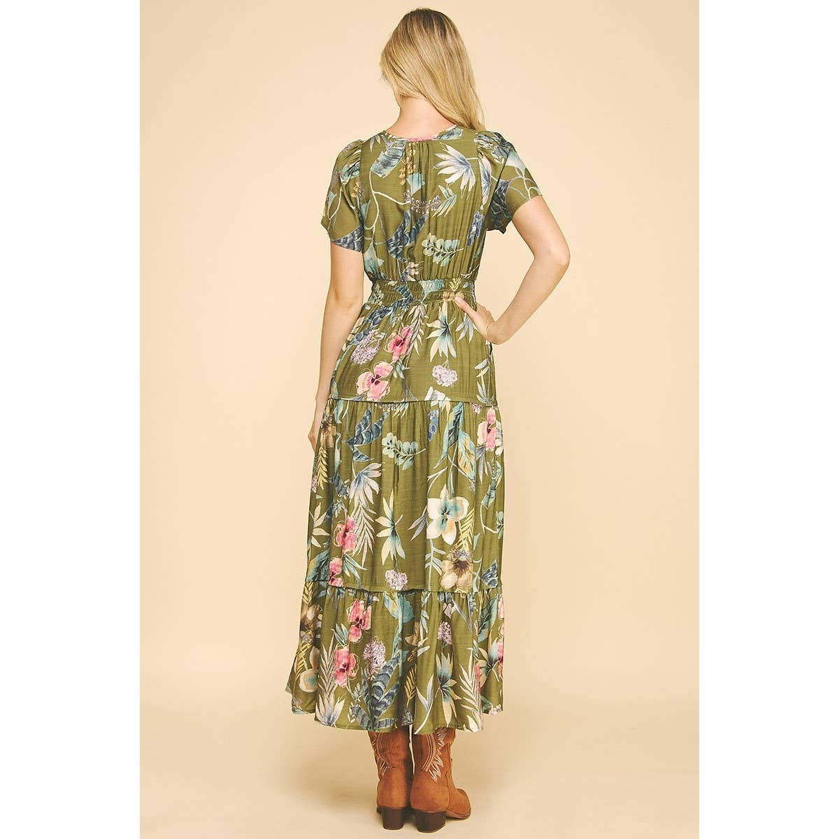 Floral Print Split Neck Tiered Maxi Dress