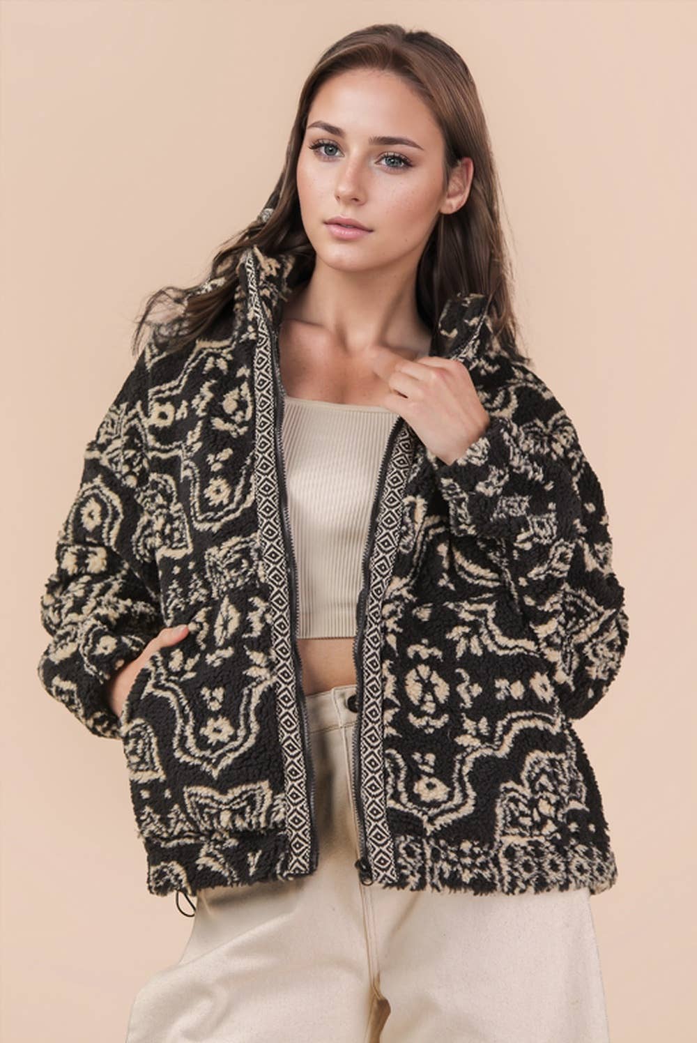 Oversized Trim Detail Printed Casual Fleece Jacket