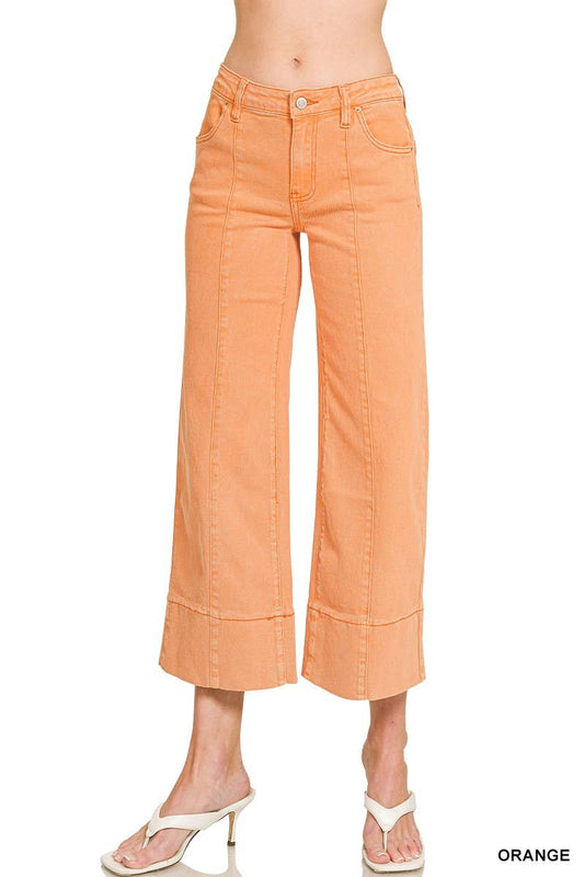 Mid Rise Wide Leg Cropped Color Denim Pants