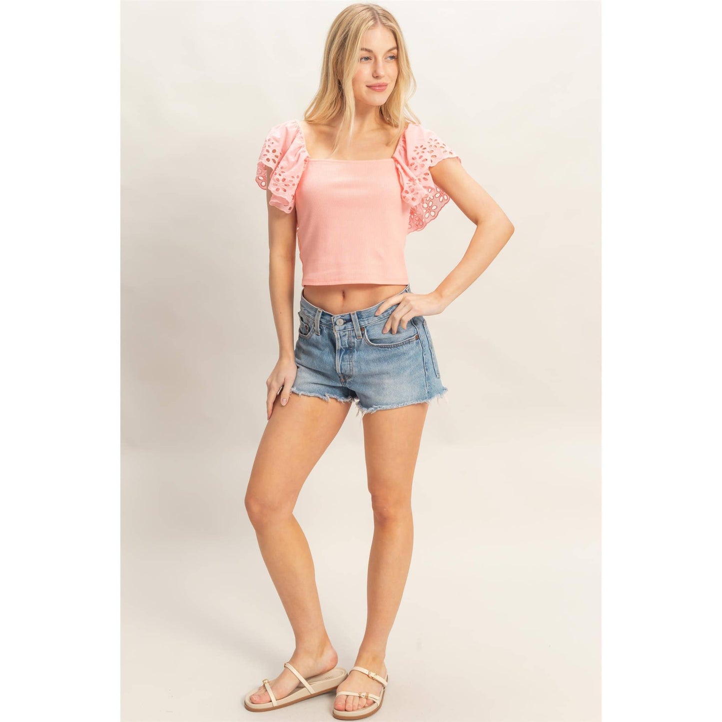 Square Neck Eyelet Sleeve Top