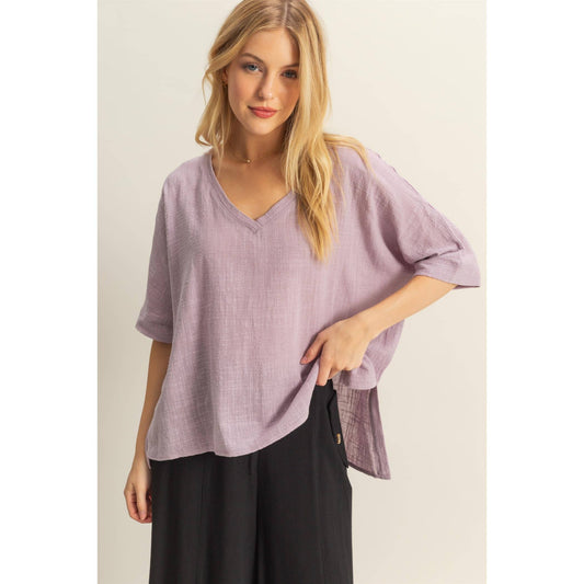 V-Neck Oversized Semi-Sheer Cotton Top