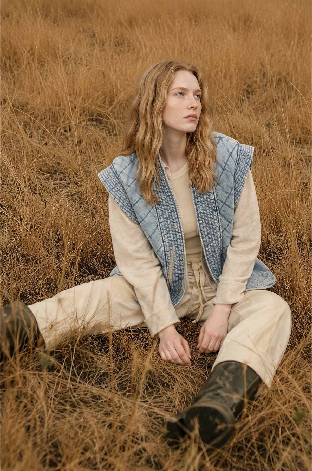 WASHED DENIM QUILTED SHAWL VEST