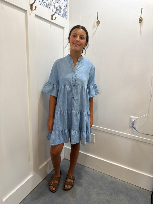 V-NECK HALF SLEEVE WASHED DENIM DRESS
