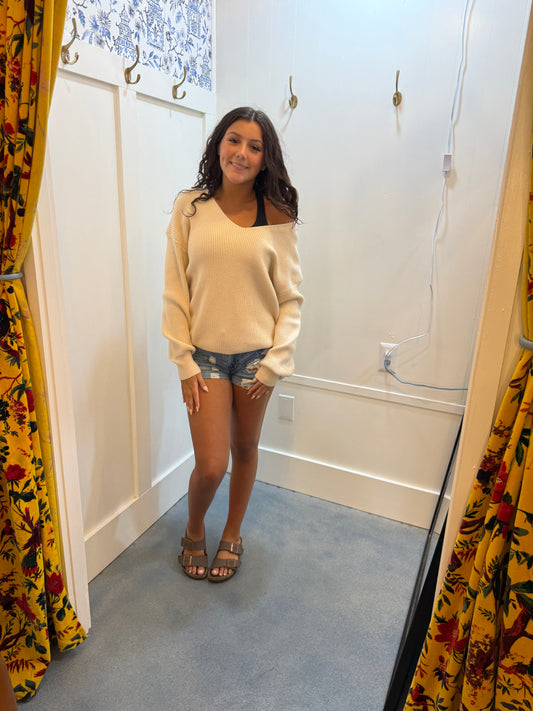 Lantern Sleeve V Neck Knot Back Sweater