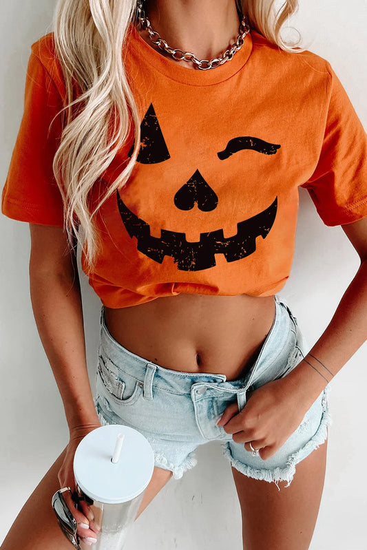 Halloween Pumpkin Face Print Crew Neck T Shirt