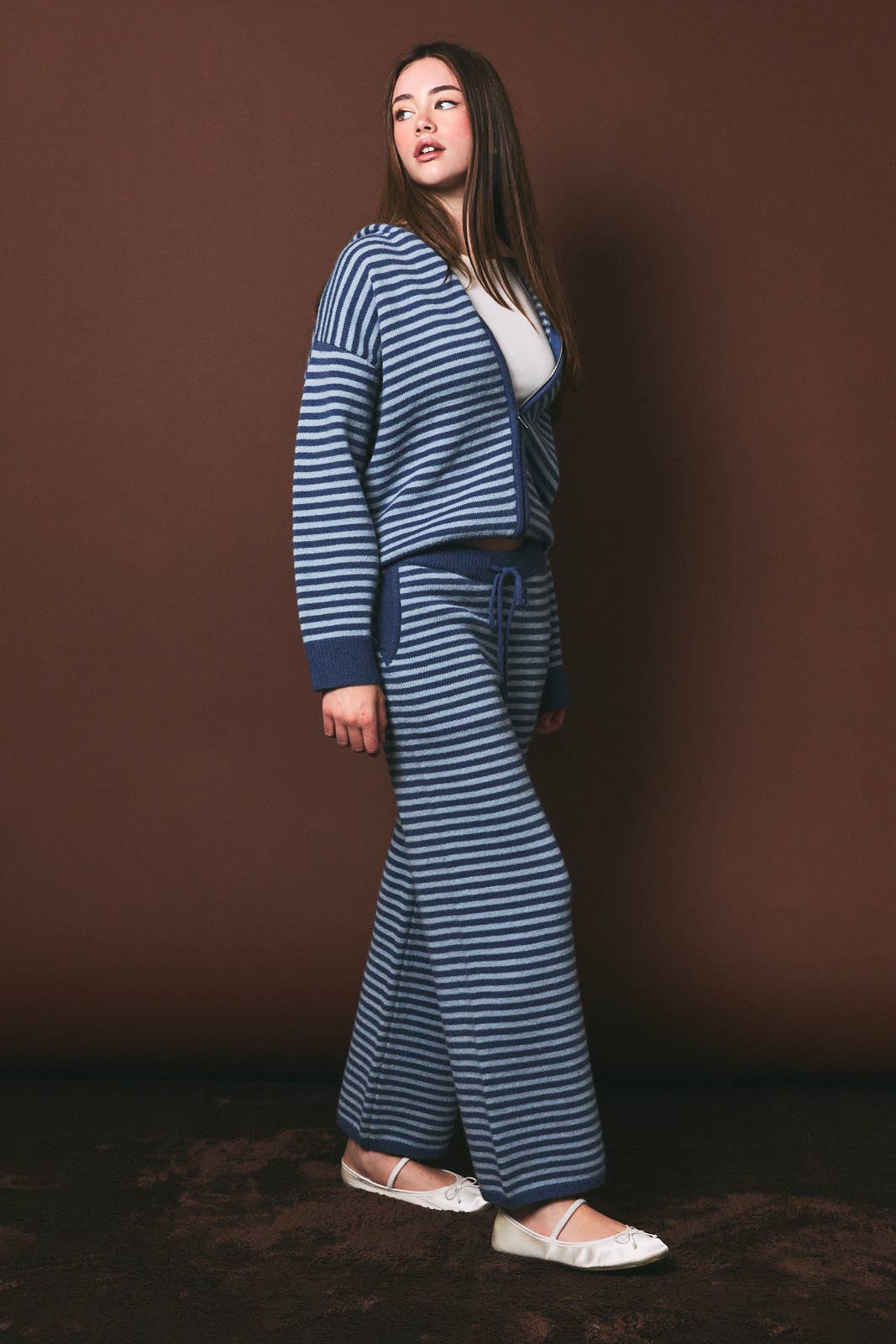 Striped Zip Up Knit Sweater Hoodie