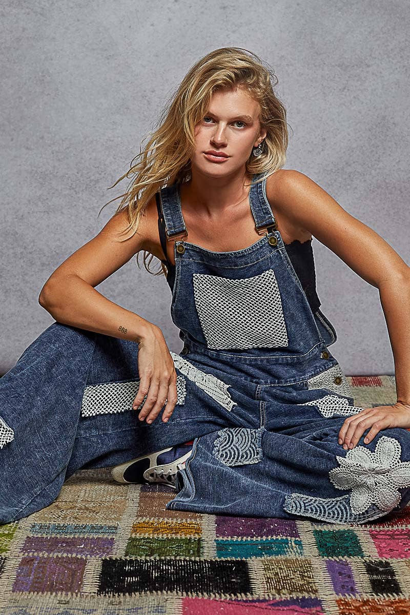 Crochet Contrast Patch Detail Chest Pocket Woven Overalls