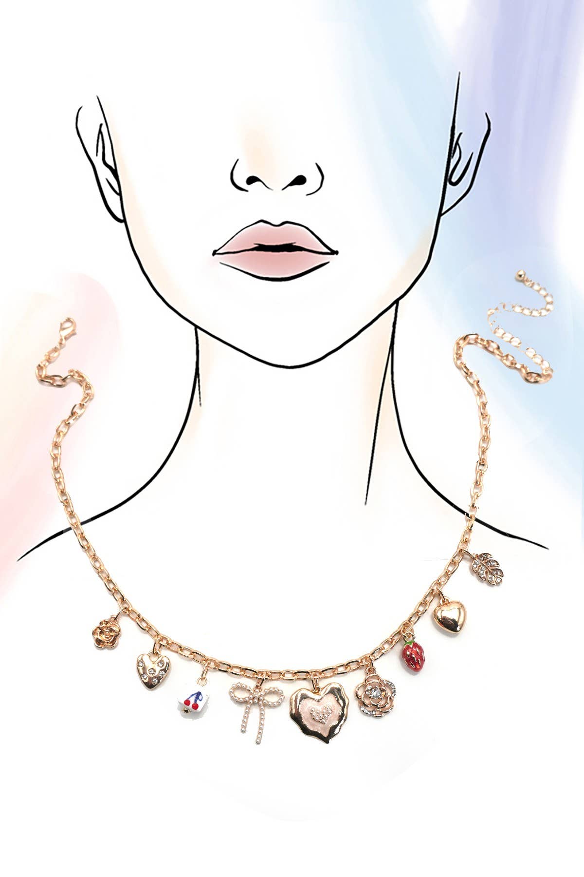 CHARM NECKLACE-CHERRY BOW STRAWBERRY FLOWER HEART