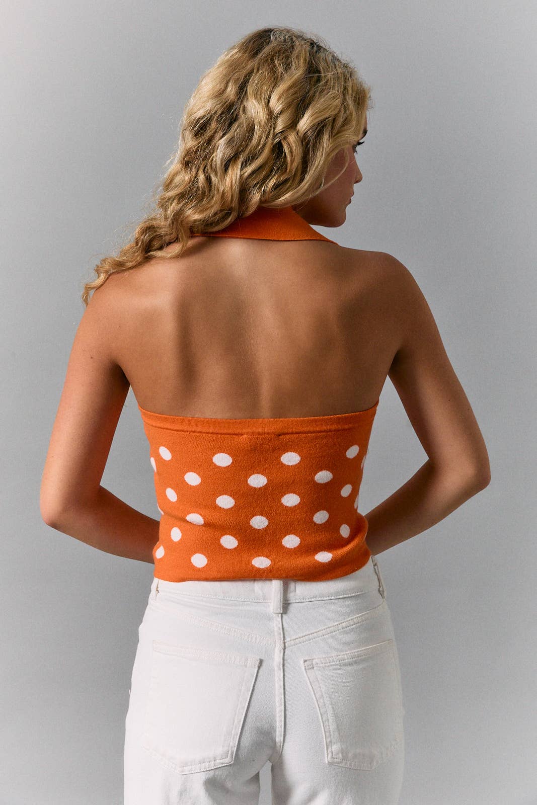 V-NECK HALTER POLKA DOT KNIT SWEATER TOP