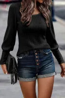 Ribbed Bishop Sleeve Round Neck Top