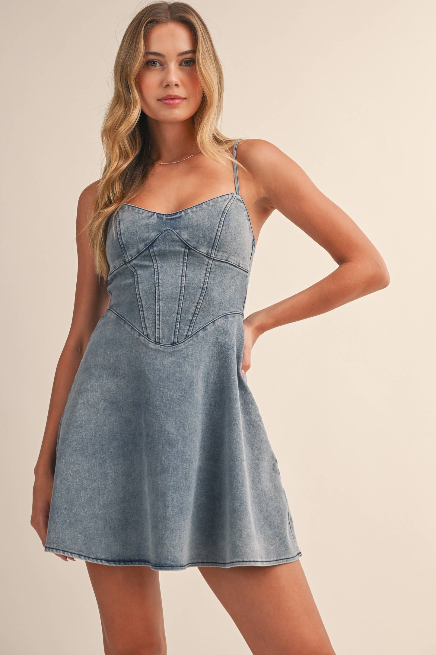 DENIM SLEEVELESS BUSTIER CORSET A LINE MINI DRESS