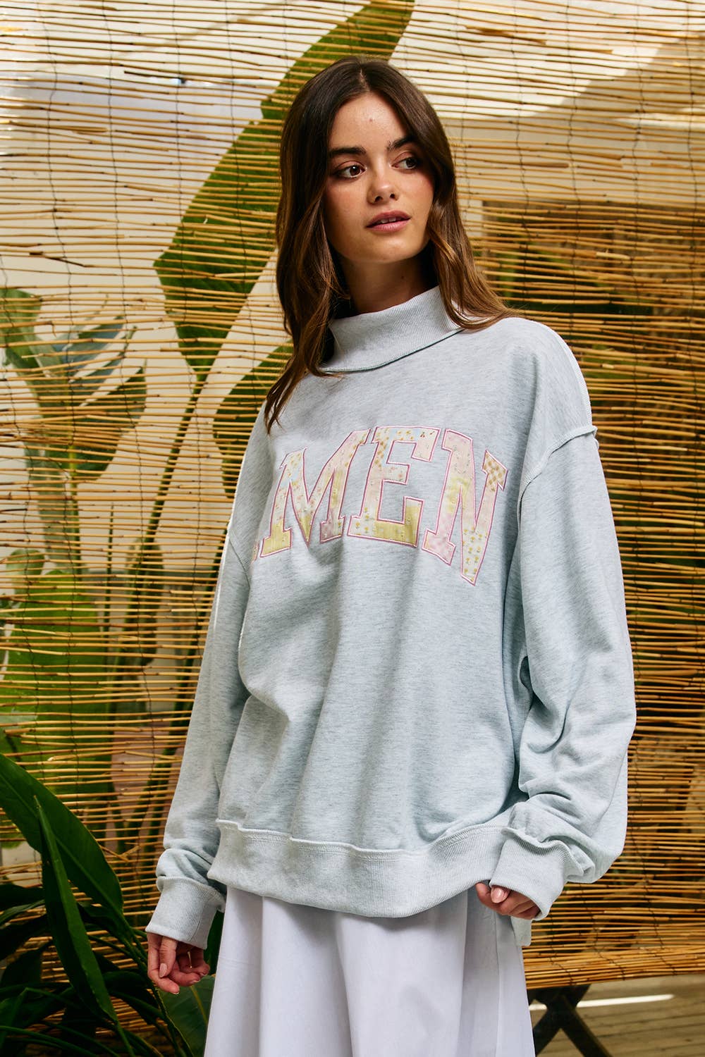"AMEN" Patchwork Mock Neck Sweatshirt