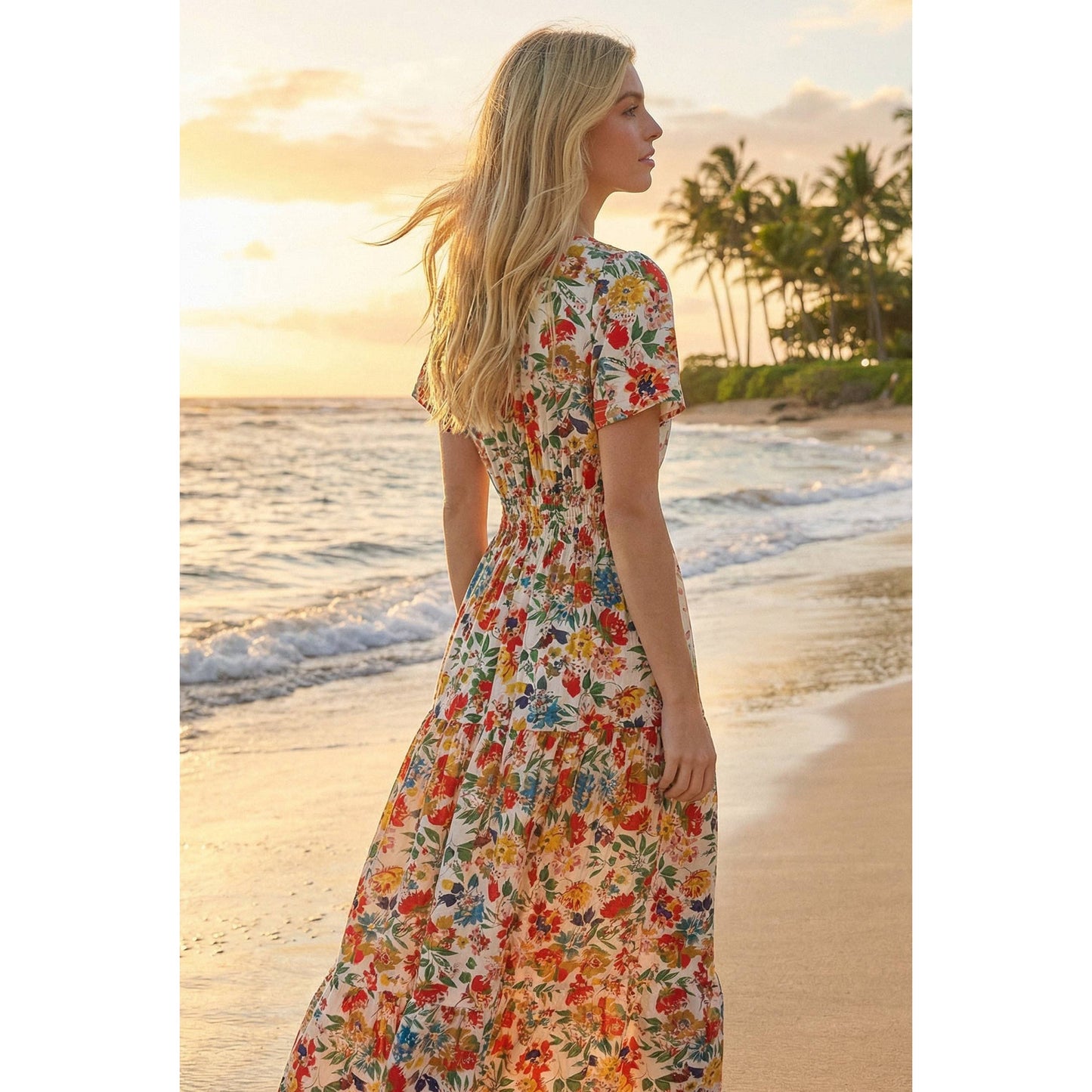 Floral Printed Smocked Short Sleeve Maxi Dress