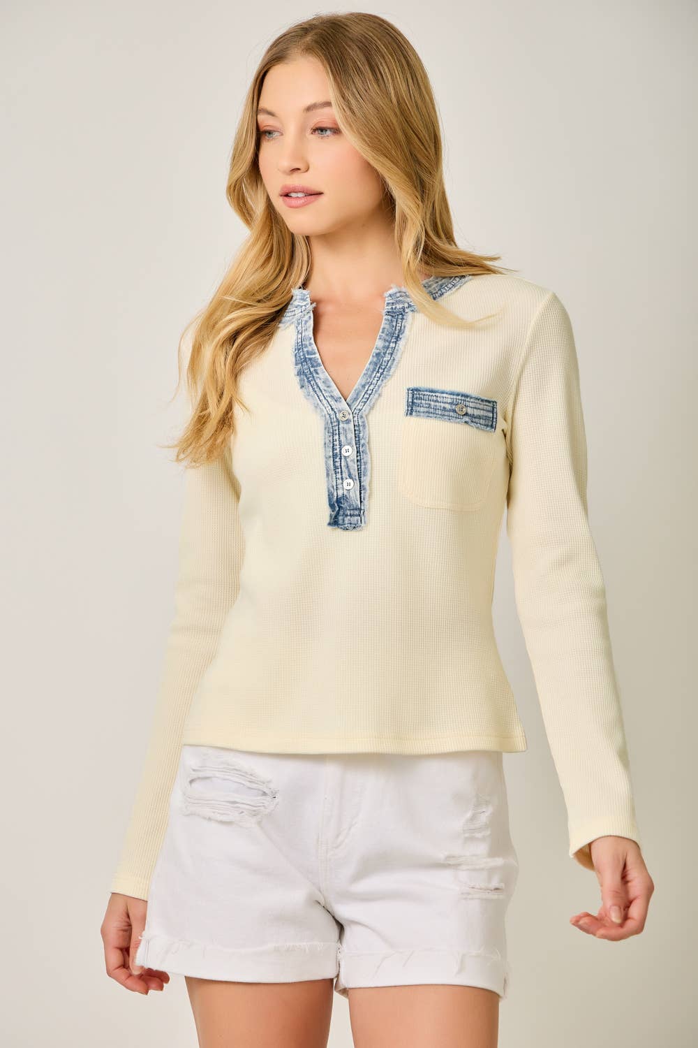 Denim Mixed Henley Top