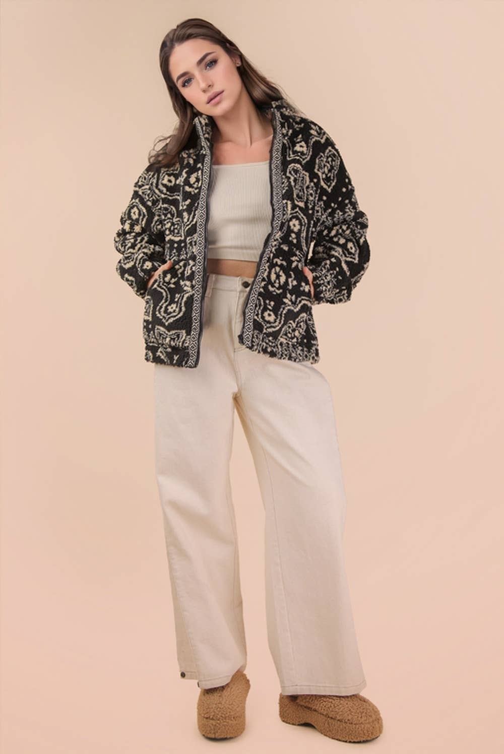 Oversized Trim Detail Printed Casual Fleece Jacket