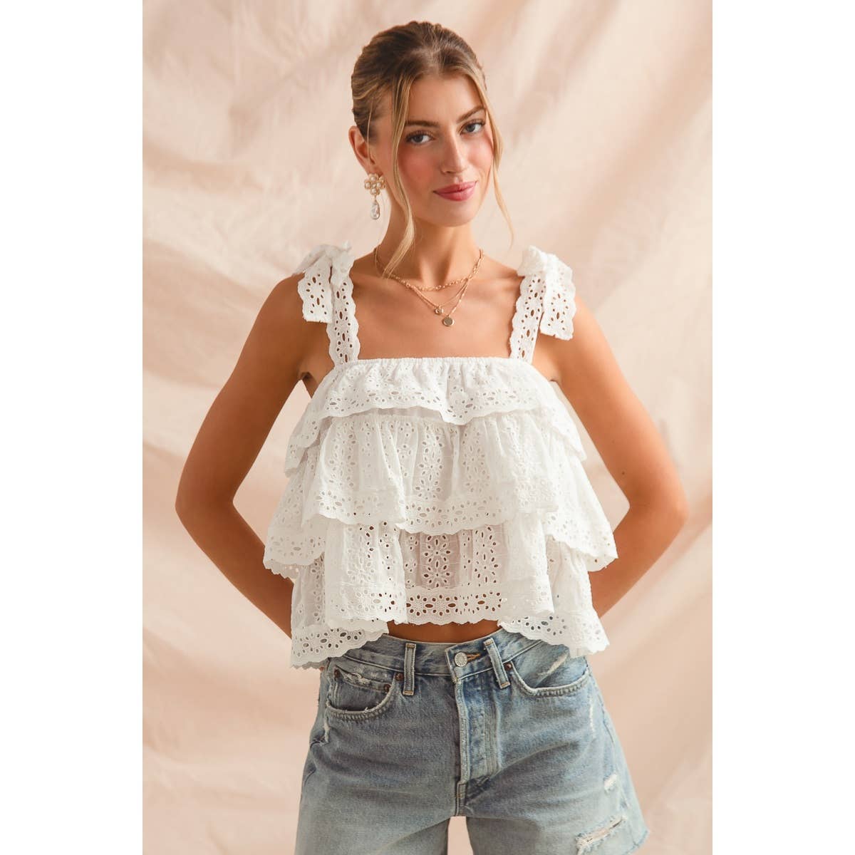 EYELET TIERED LACE TRIM TOP WITH LACE TRIM TIE