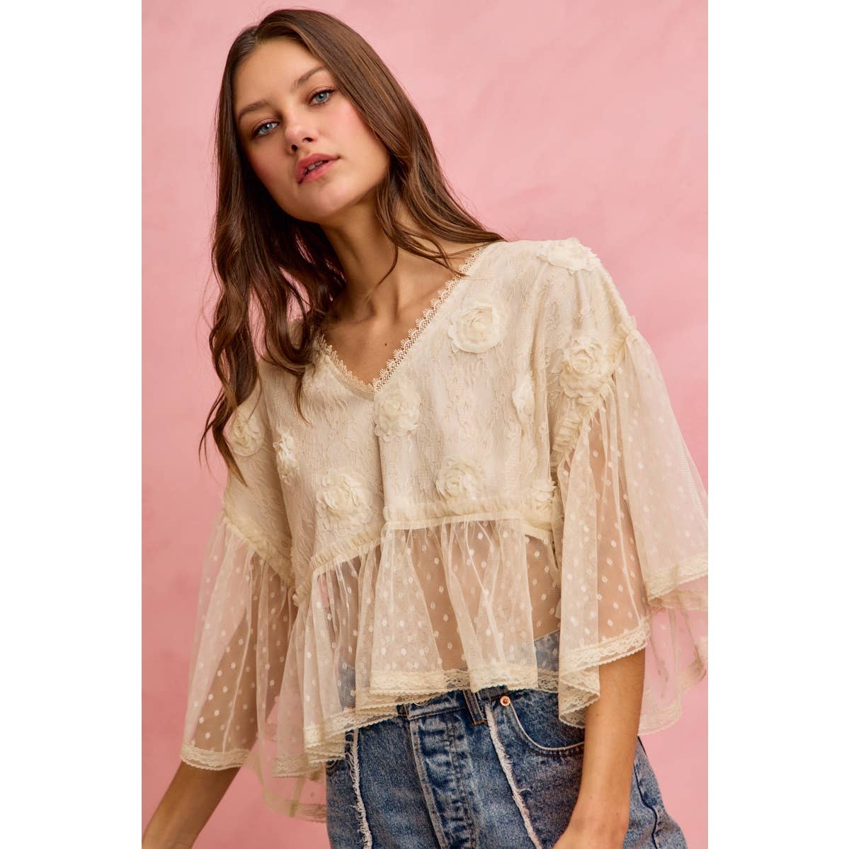 FLORAL APPLIQUE LACE FLOWY V NECK BLOUSE TOP