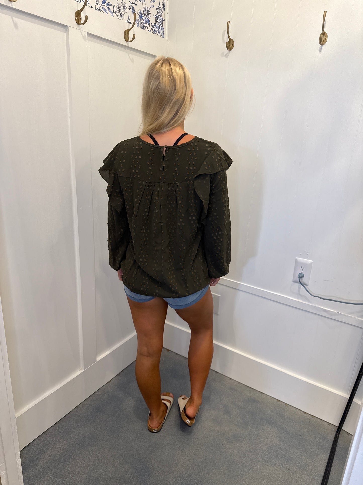 Lace Eyelet Ruffle Shoulder Long Sleeve Blouse