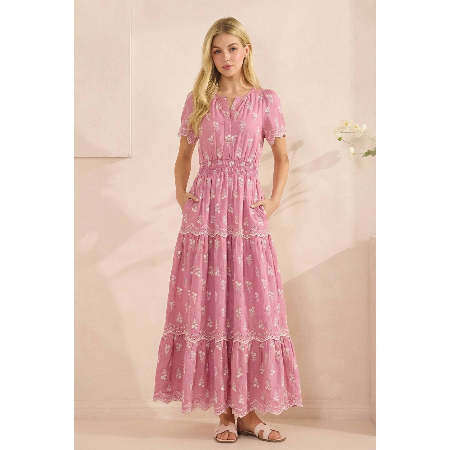 MAXI DRESS WITH WHITE FLORAL EMBROIDERY, SMOCKED WAIST