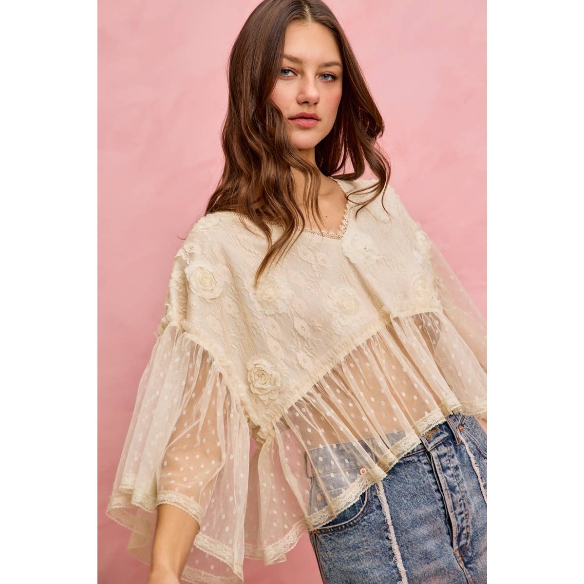 FLORAL APPLIQUE LACE FLOWY V NECK BLOUSE TOP