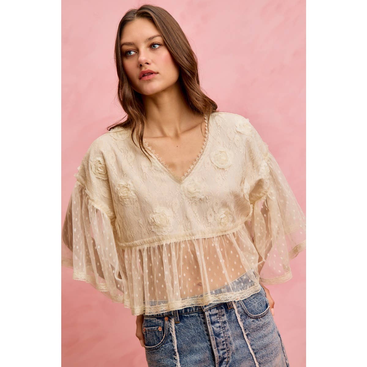 FLORAL APPLIQUE LACE FLOWY V NECK BLOUSE TOP