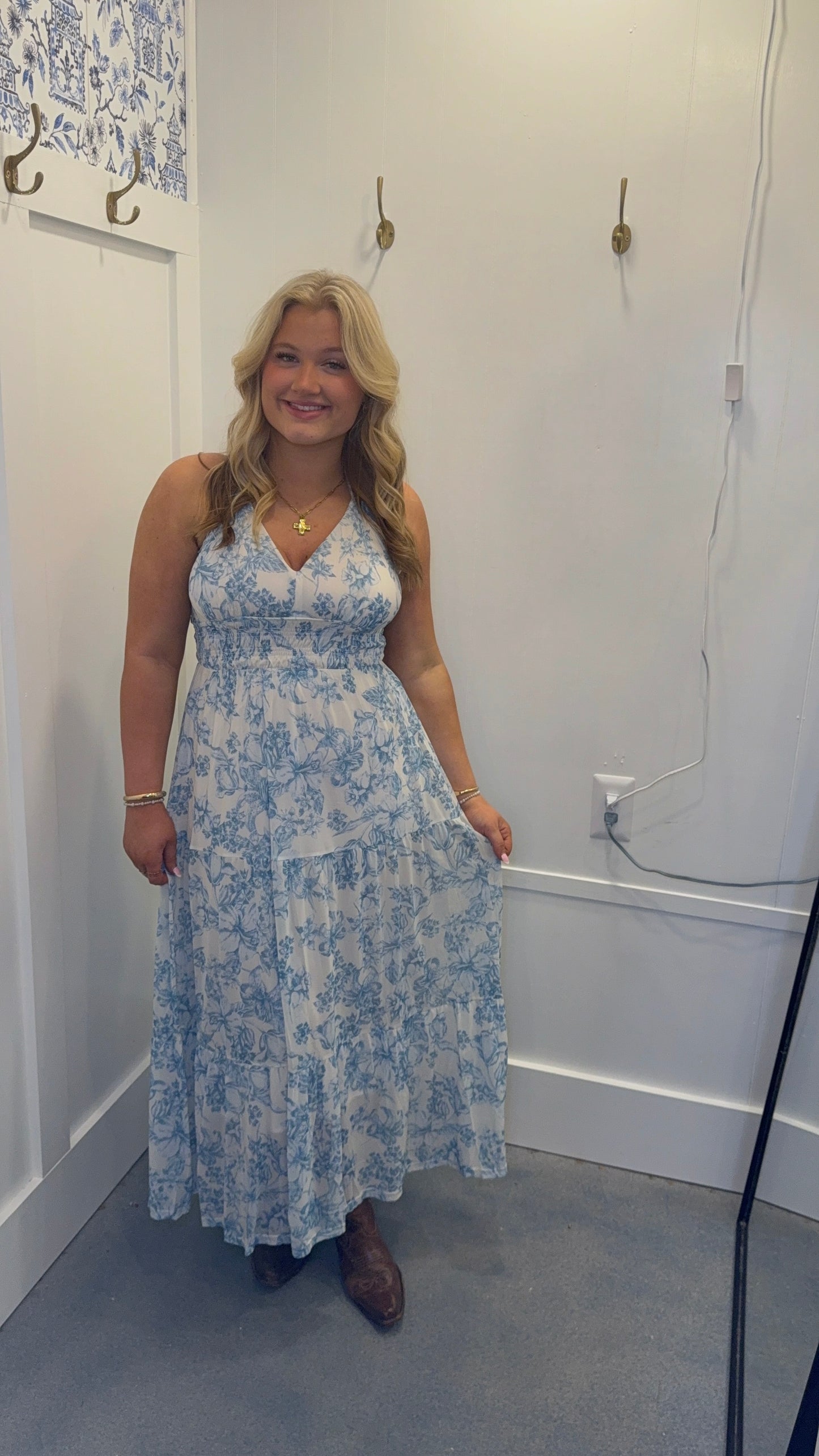 Printed Mesh Long Tiered Dress