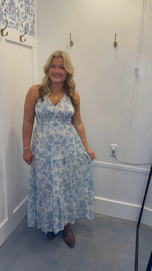 Printed Mesh Long Tiered Dress