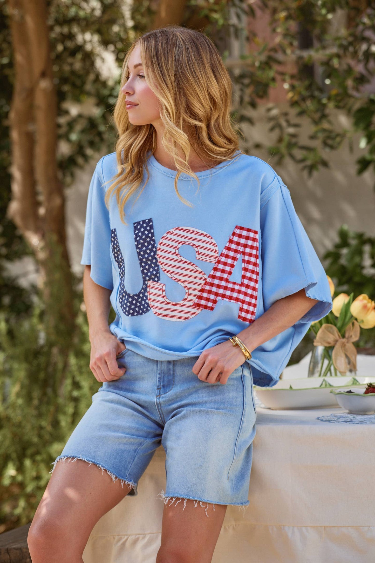 BIG USA LETTER PATCH OVERSIZED 4TH OF JULY KNIT TOP