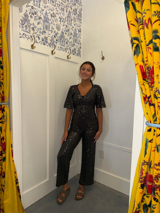 Sequin V Neck Flutter Sleeve Wide Leg Jumpsuit