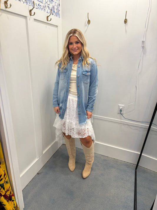 Light Wash Distressed Frayed Long Denim Jacket