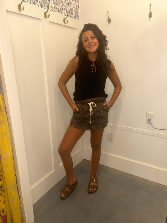 Leopard Print Elastic Waist Drawstring Denim Skort