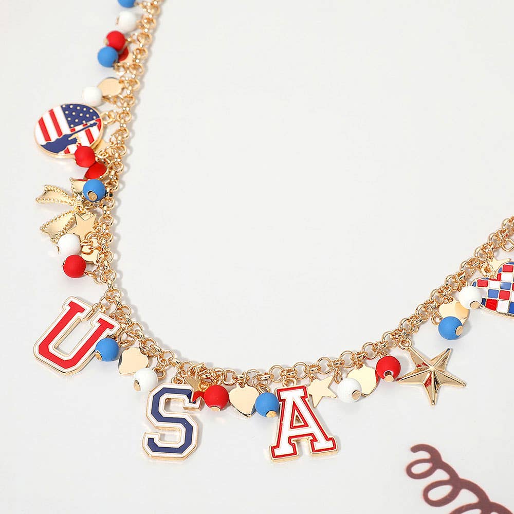 American USA Flag Star Bow Faceted Bead Ball Station Necklace