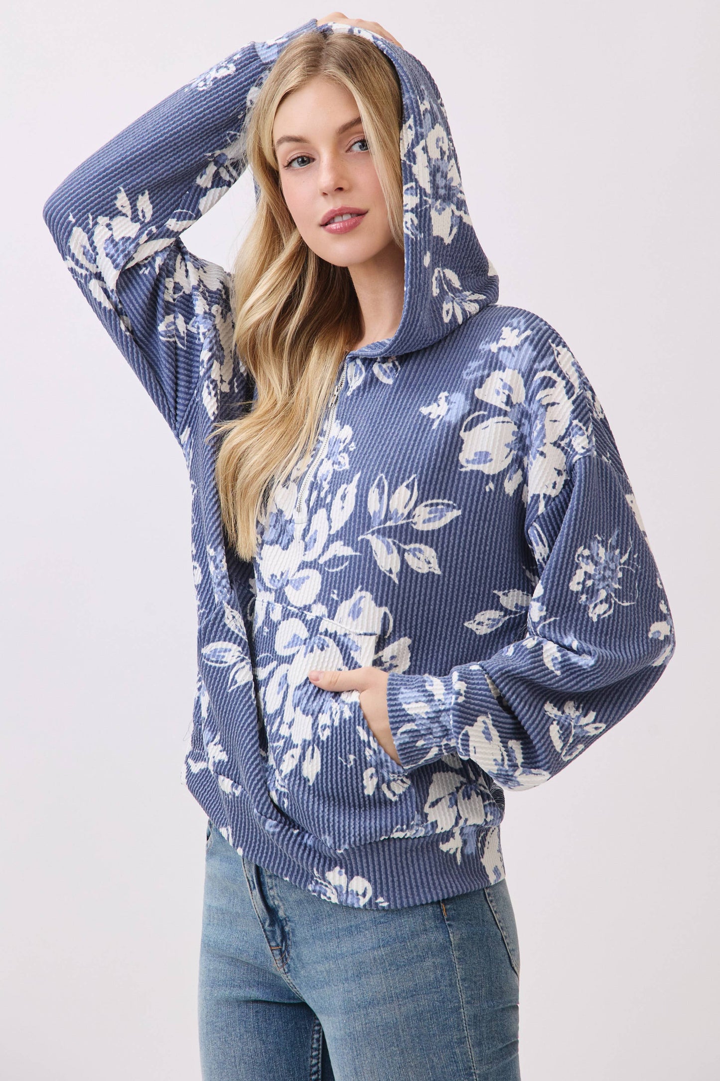 Floral Print Rib Knit Hoodie