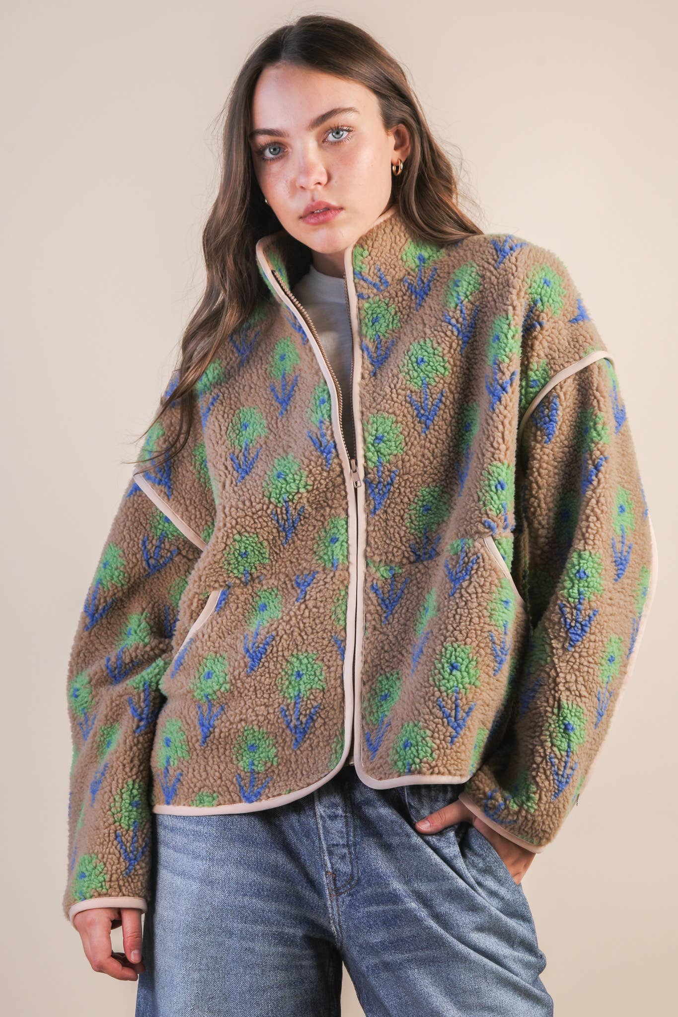 Oversized Floral Printed Fleece Sherpa Jacket