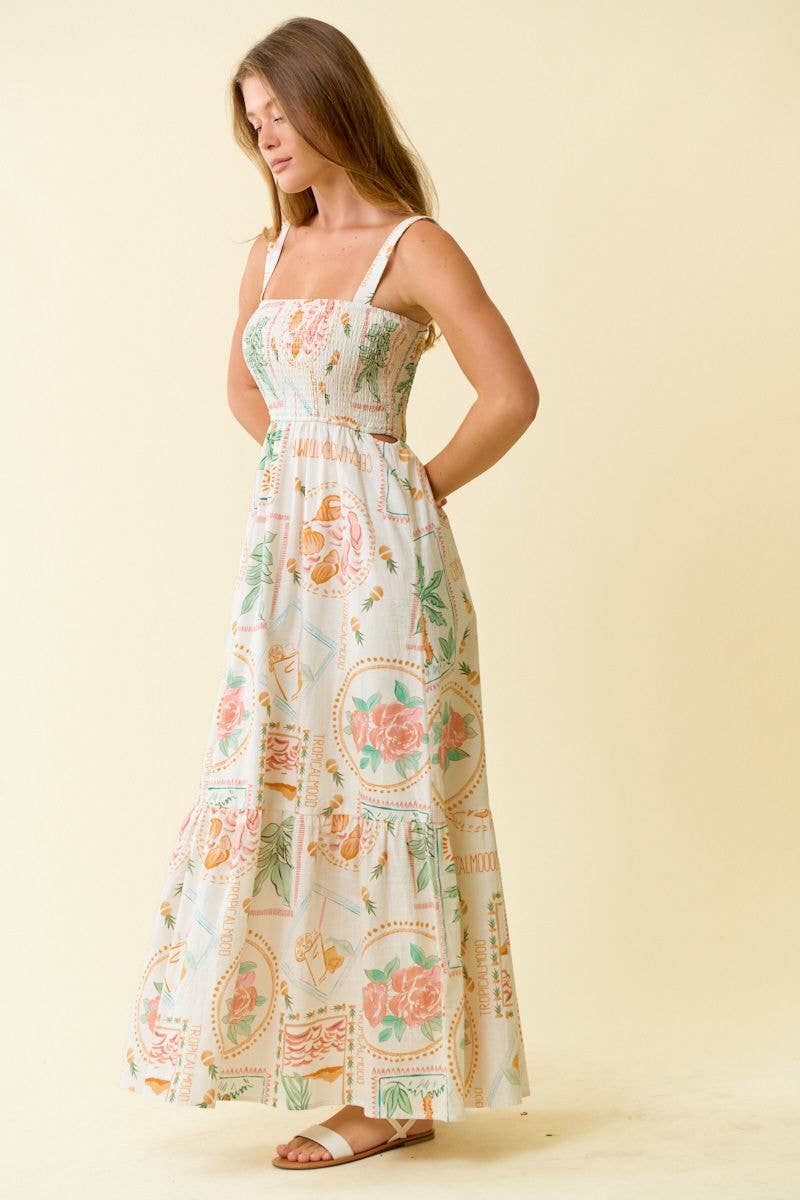 TROPICAL SMOCKING MAXI TIERED DRESS