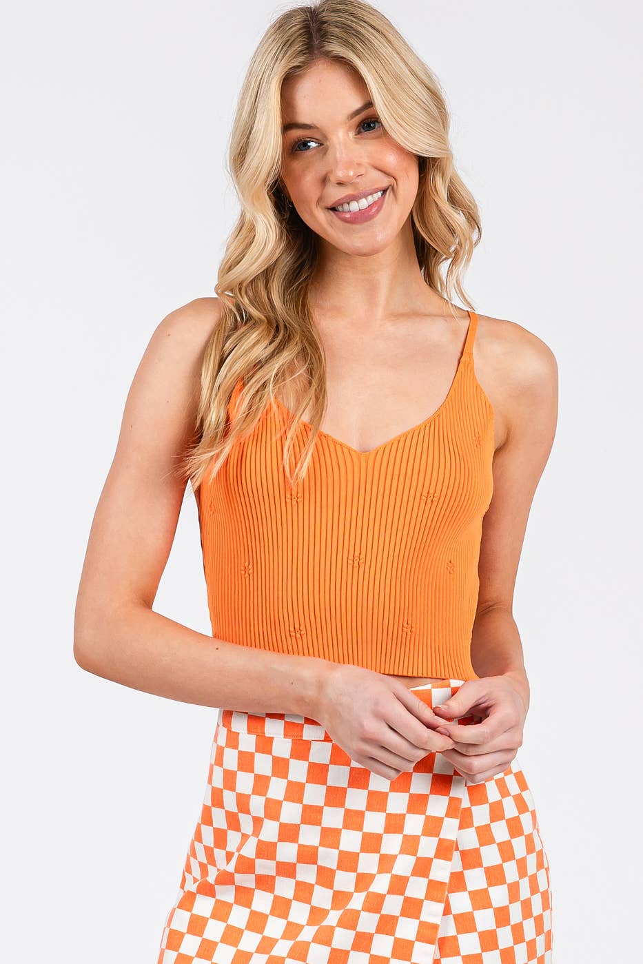 FLOWER DETAIL V NECK CROP SWEATER TANK TOP