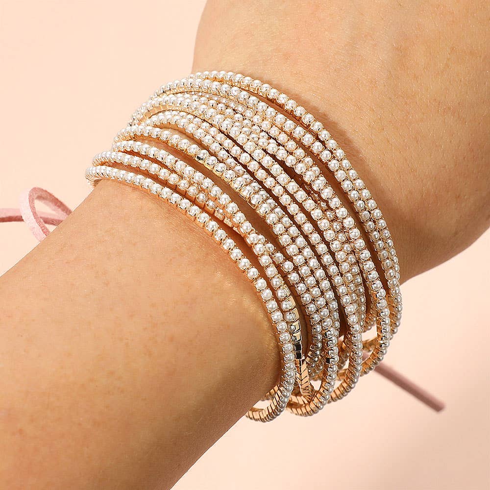 12PCS - Ribbon Pearl Rhinestone Layered Stretch Bracelets