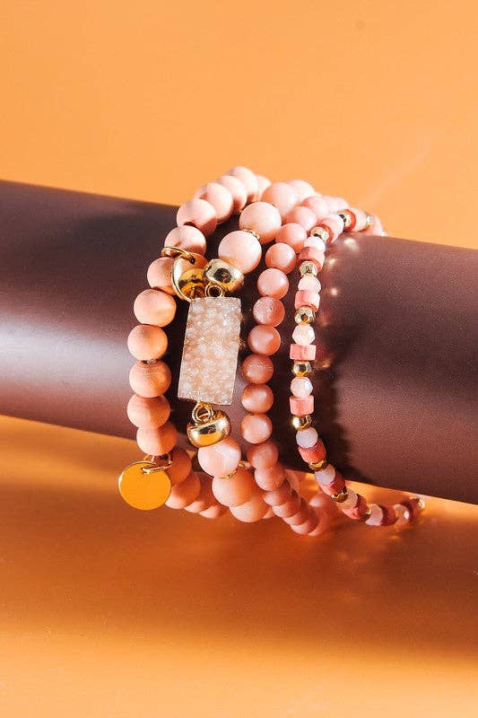DRUZY WOOD NATURAL BEAD 4 ROW STRETCH BRACELET SET