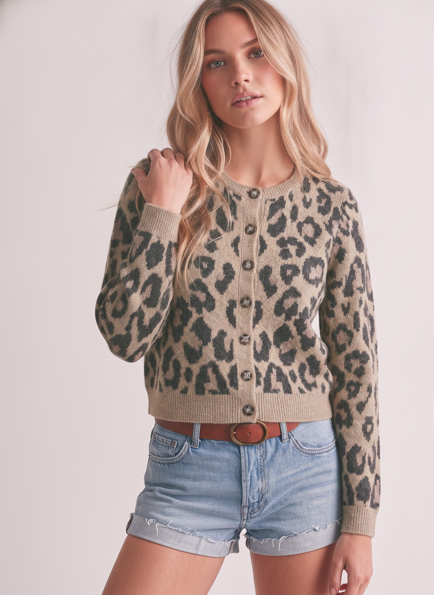 LEOPARD ROUND NECK BUTTON DOWN SHORT CARDIGAN